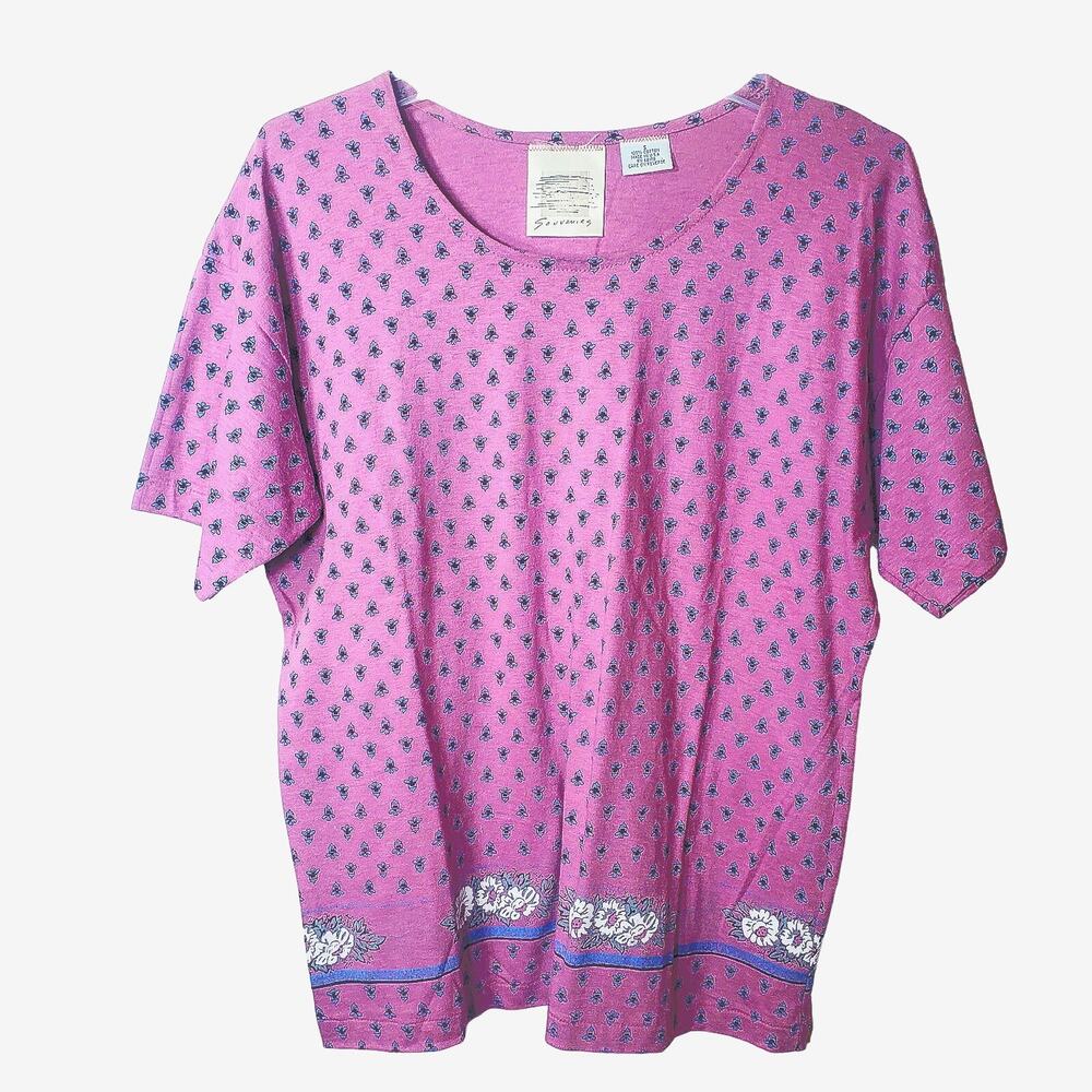 Souvenirs Pink Purple Floral Print Short Sleeve Crewneck T-Shirt Size Small